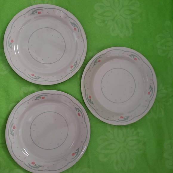 Corelle By Corning CALICO ROSE Pink Flowers Green Dots Beige Plates - Picture 1 of 4
